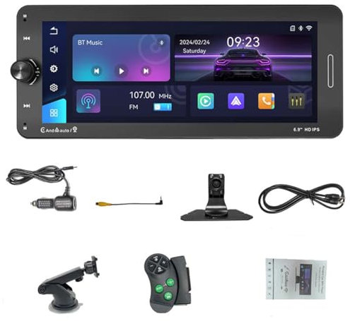 Pantalla táctil portátil estéreo para automóvil CarPlay inalámbrico y Android de 6,9 pulgadas con pantalla HD IPS, YouTube incorporado, Mirror Link/Control de voz/BT/FM/Navegación/Control remoto