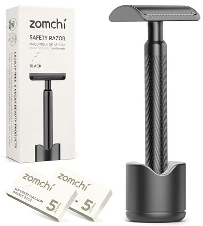 ZOMCHI Nassrasierer-Set für Damen & Herren – 10 Klingen inkl. Ständer | Ideal für Wet Shaving | Zero Waste, plastikfrei & nachhaltig | Metall-Safety-Razor | Schwarz