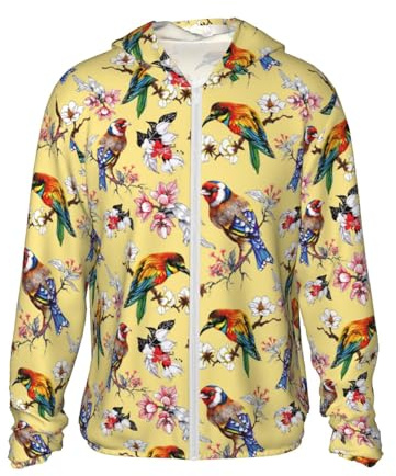 VOSERY Veste à capuche légère à manches longues avec fermeture éclair pour homme et femme Motif oiseaux et fleurs