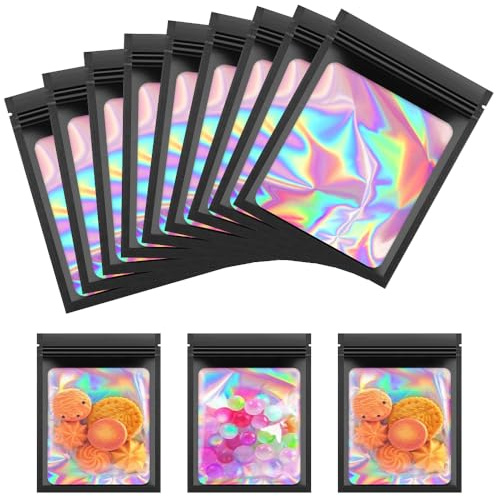 EMAGEREN 100 Stück Schwarze Holographic Mylar Beutel Wiederverschließbar, Aluminiumfolie zum Aufbewahren von Party Favor Schmuck, 9×12cm