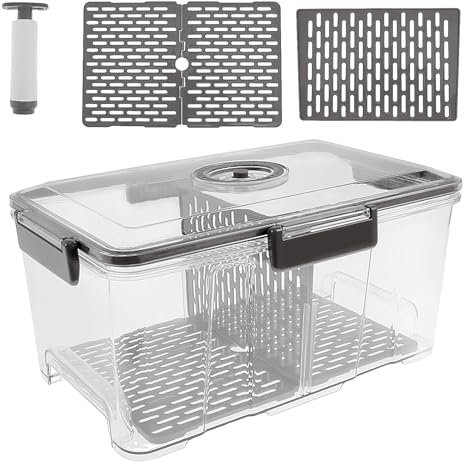 Bread Bin Airtight Bread Box Rectangular Bread Storage Container Extra Large Transparent Bread Keeper Time Recording Bread Holder with Vacuum Pump for Homemade Bread, Toast, Bagel, Cookies(Gray)