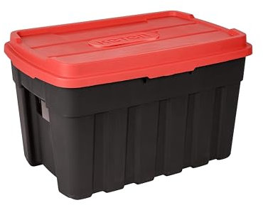 Keter Tuff Box 140L Storage Box with Lid, Durable, Water Resistant, Large Capacity, Stackable, Black/Red
