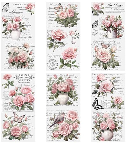 HICOHAND Vintage-Rosen-Blumen-Aufkleber, 6 Bögen, Rosa, Eisen-Aufkleber, Dekoration