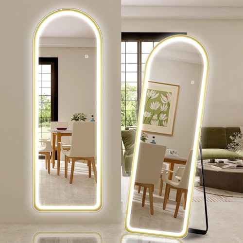 STARLEAD Ganzkörperspiegel-mit-Beleuchtung 150x50cm, LED-Standspiegel-mit 3 Lichtfarben Dimmbar, Wandspiegel-Groß mit Touch-Schalter, Memory-Funktion, HD Hartglas, Gewölbter Spiegel-Gold-Rahmen