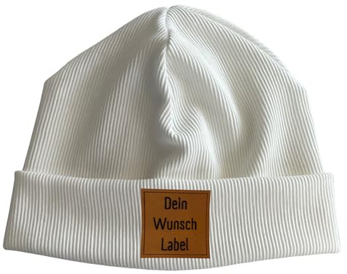 Herbst Winter Beanie Mütze für Kinder aus Rippjersey Kindermütze mit Kunstleder Label 23 Farben Mädchen Junge Baby Kleinkind personalisiert Babymütze Weihnachtsgeschenk (1 - Cremeweiß)