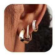 Roheafer 3 Paare Kleine Chunky Creolen Set für Damen - 14K Gold Vergoldet Sterling Silber CZ Huggie Ohrringe für Mehrere Piercing, Hypoallergen und Leicht