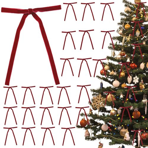 24 fiocchi rossi per albero di Natale, fiocchi in velluto per albero di Natale, fiocchi di velluto per Natale, 12,7 x 17,8 cm, ornamenti natalizi in velluto per confezioni regalo, ghirlande,