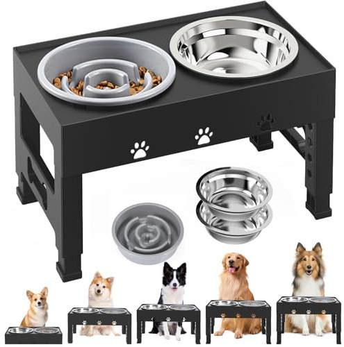 Elevated Dog Bowls with Slow Feeder and 2 Stainless Steel Bowls, Raised Dog Food Bowl Stand 5 Heights Adjustable (3.1, 9, 10, 11, 12 Tall) Non-Slip Feeder for Medium Large Dogs