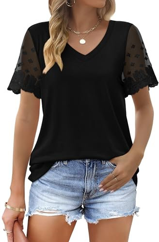 Aokosor T Shirts for Womens-Summer V Neck Tops Ladies Lace Short Sleeve Loose Tee Black Size 18-20