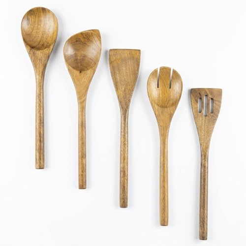 The Art Box Wooden Utensil Set – 5-Piece Acacia Wood Cooking Spoons & Spatulas Non-Stick Kitchen Tools Comfortable Grip BPA-Free Ideal for Cooking and Serving