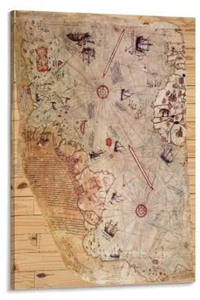 Piri Reis Karte, osmanisches Reich, Vintage-Karte, große Wandkarte, antike Weltkarte, alte Karte, schwarze Leinwand, Wandkunst, Dekoration, cooles Poster, Leinwandwand
