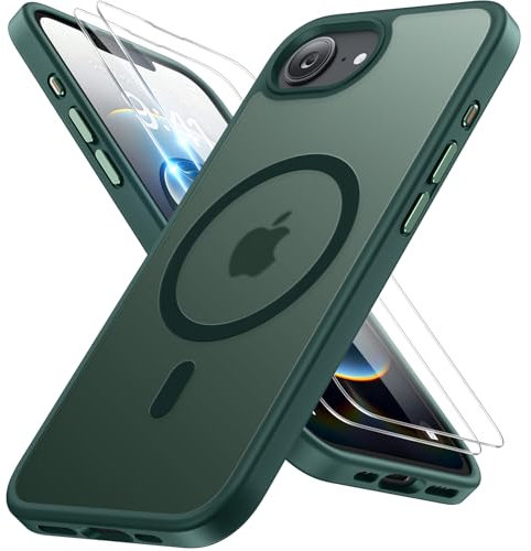 Miracase Magnetisch für iPhone 16e Hülle für Magsafe[mit 2 Schutzglas] Militärschutz Stoßfest Kratzfest Anti-Fingerabdruck Samtige Haptik Dünn Handyhülle für iPhone 16e 6,1 Zoll, Grün