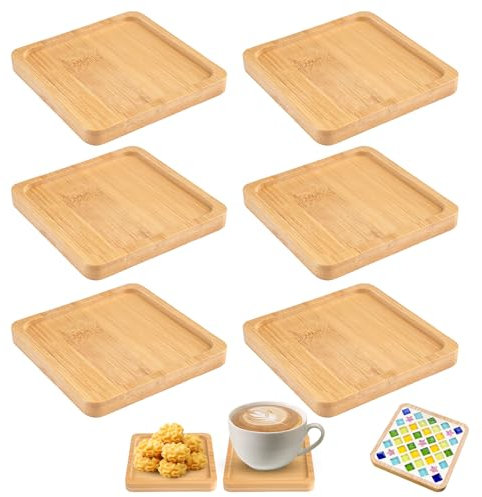 6 Stück Mini Bambus Tablett Quadratisch, 9cm Klein Tablett Aus Holz, Mosaik Untersetzer, Holztablett Klein für Trinkbecher, Kerzen, Blume Pflanze, Kaffee, Kuchen, Wohnzimmer Deko, DIY-Mosaikbedarf