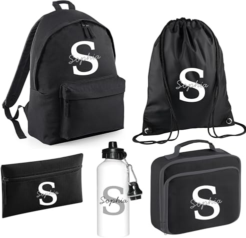 Personalised Kids Back To School Kit with Custom Initial and Name Backpack, PE Bag, Lunch Bag, Pencil Case and Aluminium Water Bottle, School Starter Set for Primary High Preschool - Black Large
