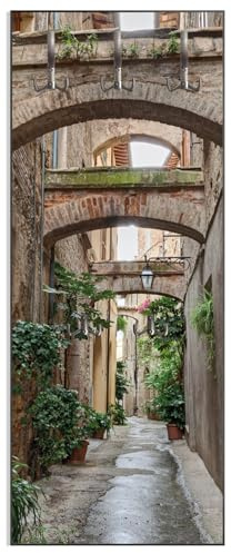 Wallario Wandgarderobe aus Holz in Größe 50 x 125 cm in Premium-Qualität, Motiv: Grüne italienische Gasse - mit Alten Bögen | 5 Kleiderhaken zum Aufhängen