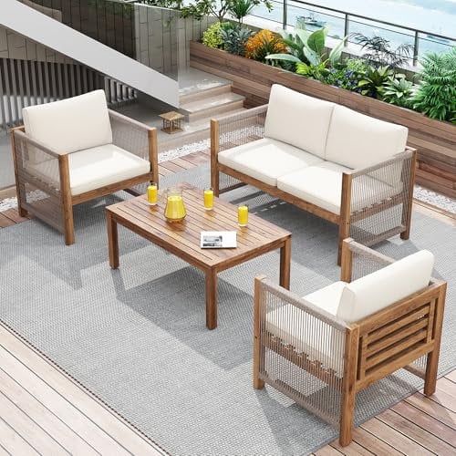Loungeset Gartenmöbel Set 4-Personen – Outdoor Sitzgruppe mit Doppelsofa, 2 Sesseln & Tisch – Akazie Holzrahmen & abwaschbare Polyester-Kissen – Für Garten, Terrasse, Balkon, Beige