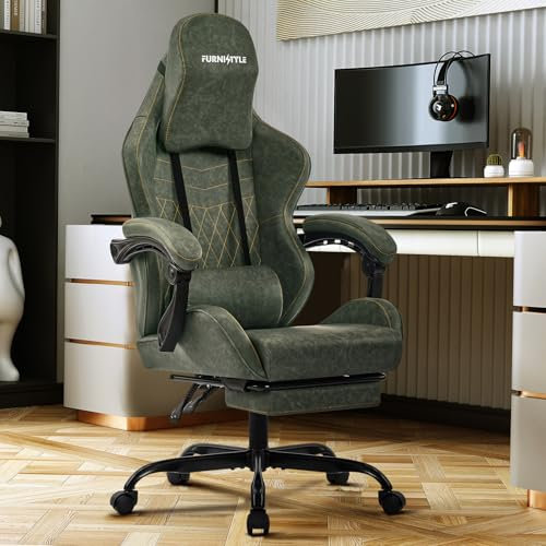 Hellove Chaise Gaming avec Repose-Pieds, Fauteuil de Jeu avec Appui-tête Ergonomique, Soutien Lombaire Réglable, Accoudoirs Synchronisés, Chaise de Bureau pour Gamer et Travail, Cuir PU Vert