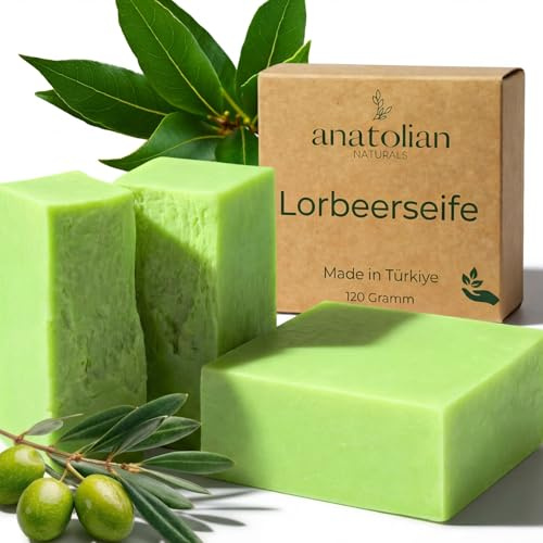 Original Lorbeer Seife ANATOLIAN NATURALS® 80% Lorbeeröl 20% Olivenöl Echte türkische Lorbeer- und Olivenseife Haar- Körper- und Gesichtsseife +-120 Gramm Vegan Handgemacht + LUFFASCHWAMM (2 x 120g)