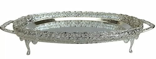 Silver Plated Oval Serving Tray with Handles – Elegant Paandan Platter for Tea, Desserts & Canapés – Luxury Gallery Plate for Weddings, Parties & Afternoon Tea 25.5cm x 46.5cm x 7cm
