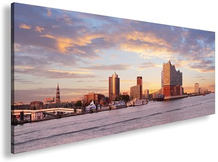 Leinwandbild Hamburgs Skyline leuchtet im Farbenspiel der Abendsonne Panorama 80x40cm XXL Wandbild auf Keilrahmen/Kunstdruck/Bild Wohnzimmer Dekoration