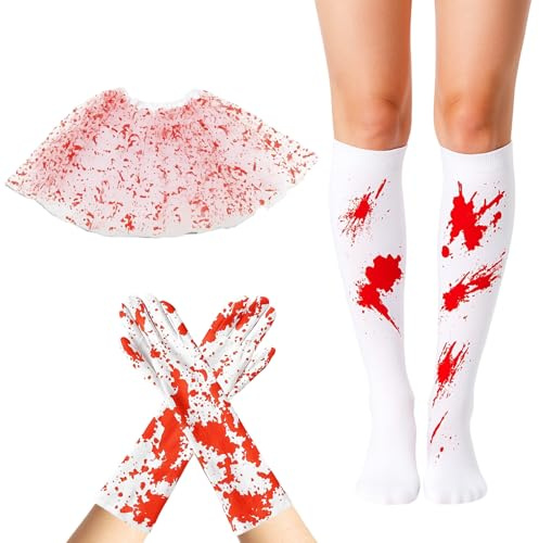 HcvGcm 5-Teilig Halloween Kostüm Damen, Blutiger Tüllrock Für Erwachsene, Handschuhe, Fleckige Strümpfe, Halloween Kostüme, Horror Kostüm Damen, Horror Braut Kostüm