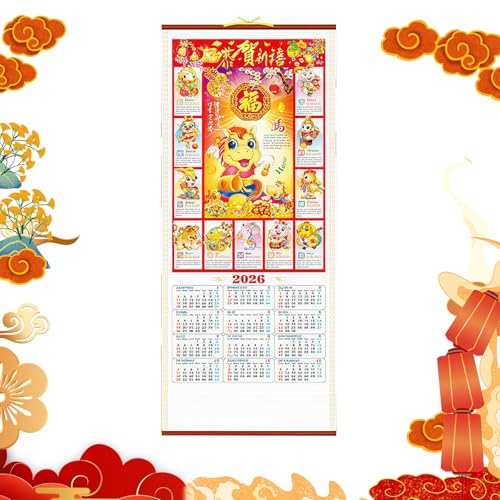Calendriers Chinois 2026 Année du Cheval Calendrier du Nouvel An Chinois Calendriers Mural à Dérouler Agenda Quotidien Agenda Traditionnel Calendrier mural du Nouvel An pour Maison ou le Bureau (E)