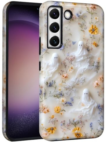 Mainrenka Süße Halloween Hülle für Samsung Galaxy S22 für Mädchen und Jungen, mit Geist Totenkopf & Blumen Handyhülle Stoßfeste Schutzhülle