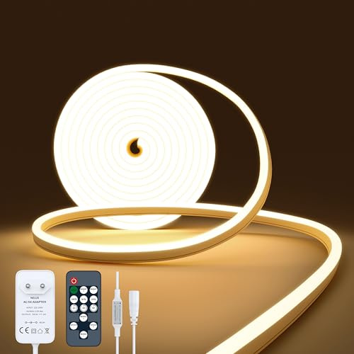 NELUX Striscia LED Neon 2 Metri da Esterno Impermeabile o Interno Cucina Bianco Caldo 2700K. Luce LED Strisce Alta Luminosità Dimmerabile Flessibile IP65. Include Telecomando e Trasformatore 24V
