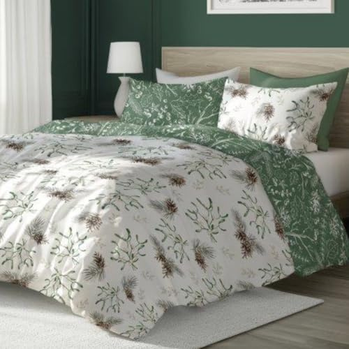 Faro Bettwäsche Set Baumwoll Weihnachtsbettwäsche (Grün Weiß - Zapfen, 220x200 + 2x70x80 (3 TLG))