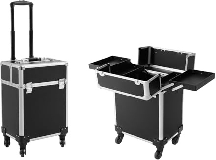 Kosmetikkoffer Trolley,Hartschale Schminkkoffer für Damen mit Rollen, Alu Beauty Case Nagelkoffer Multikoffer, Großer Stauraum & Robuste Konstruktion 34x24x47cm Schwarz