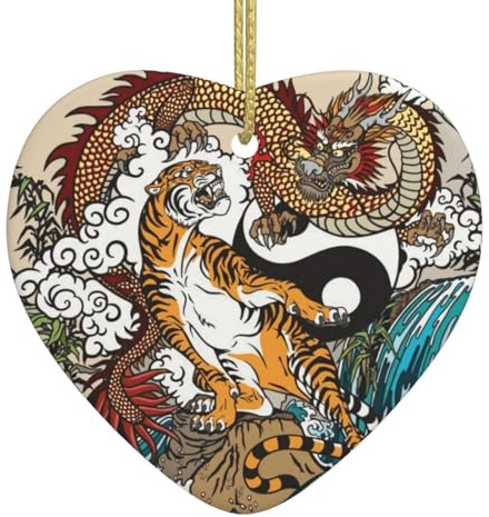 Drache und Tiger Weihnachtsschmuck, Ornament für Weihnachtsbaum, Keramikherz, Andenken, Weihnachtsschmuck
