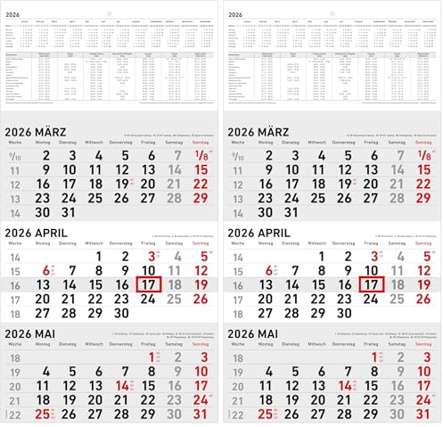 Zettler 3-Monatskalender klein 2026 – Wandkalender 24 × 34 cm faltbar, 3 Monate auf 1 Blatt mit Datumschieber, Wochenzählung, Mondphasen, Feiertage, Landschaftsmotiv, deutsch, B4-Versandtasche