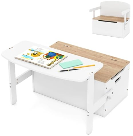 GYMAX 3 in 1 Kids Storage Bench, Convertible Toy Storage Box | with Safety Hinge, Wooden Children Table and Chair Set for Playroom Bedroom (White+Natural)
