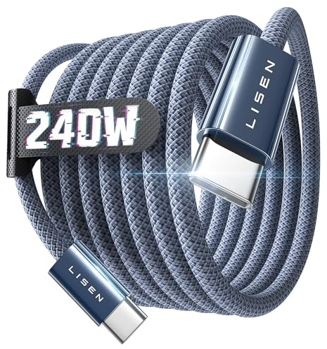 LISEN 240W Cable USB C Charge Rapide, 2m PD 5A Cable USB C vers USB C Câble USBC Chargeur Nylon Tressé pour iPhone 17 16 Samsung S25 Ultra iPad Air MacBook Pro Pixel 9 Xiaomi 17, Couleur de minuit