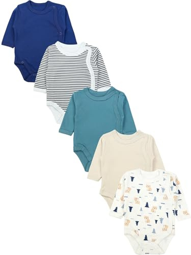 TupTam Baby Body Langarm – Wickelbody Langarm für Jungen & Mädchen, 5er Pack, 100% Baumwolle, OEKO-TEX, Farbe: Blau_Beige_Bears_Streifen, Größe: 62