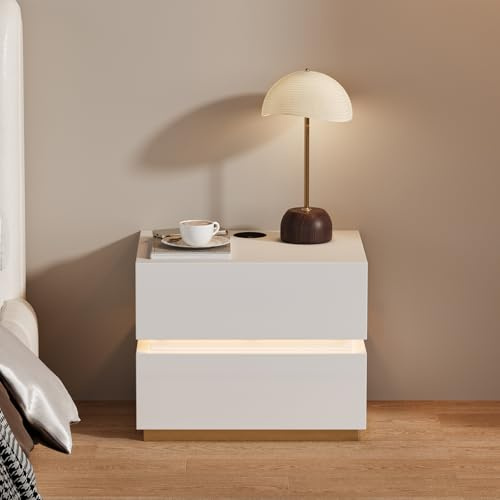 Homary Intelligenter Nachttisch mit LED-Beleuchtung, Nachttisch mit 2 Schubladen & Ladestation, Nachtkommode aus MDF mit Kabellosem Laden & USB (Weiß, mit 2 Schubladen)