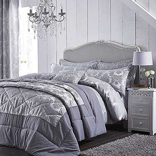 Catherine Lansfield Damask Jacquard Single Duvet Cover Set with Pillowcase Silver Grey