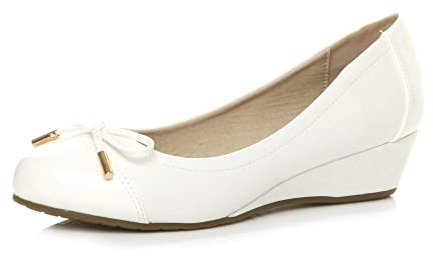 AJVANI Low mid Heel Wedge Bow Smart Dolly Ballerina Court Shoes Size 8 41 White