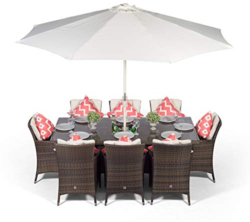 Giardino Savannah Rattan Garden Dining Set 8 Seater Outdoor Rectangle Table & Chairs with Ice Bucket, Parasol & Cover, Patio Furniture Set, Aluminium Frame, 200 x 100cm, Brown