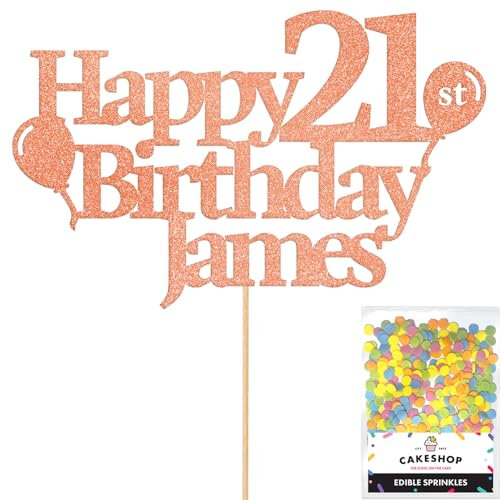 Personalised Happy Birthday Glitter Cake Topper Balloons - Rose Gold Any Name Age Glitter Cake Decoration and Sprinkles - Happy Birthday Decorations - Personalised Toppers for Cakes by Cakeshop