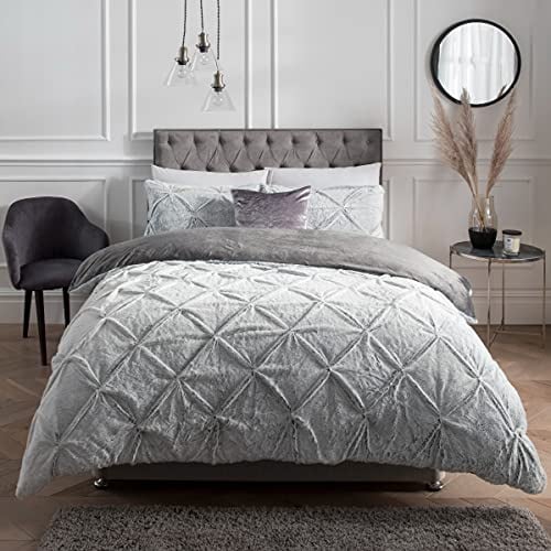 Sleepdown Ruched Diamond Faux Fur Fleece Thermal Warm Cosy Super Soft Duvet Cover Quilt Bedding Set with Pillow Cases - Double (200cm x 200cm) - Grey, 5056242828273