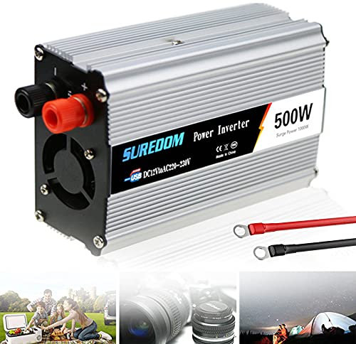 YNITJH 300W/500W/600W/800W/1000W/1200W/1500W/2000W Onduleur Pur Sinus Convertisseur Transformateur DC 12V AC 220V,Ports USB Corps en Aluminium avec Attaches de Batterie de Voiture,12V/220V-500W