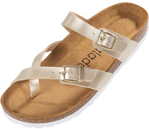 Palado Pantoletten Damen Cres Metallic - elegante Sandalen Made in Spain - bequeme Hausschuhe mit dämpfendem Kork-Fußbett - modische Sommerschuhe Gold UK4,5 - EU37