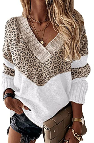 Pull Oversize Rayé Femme Col V Leopard Sweater Femme Pulls Grosse Maille Pullover Chandail Femme Gros Pull Tunique Tricot Ample Large Femme Hiver Pull-Over Torsade Tricoté Grande Taille Chaud