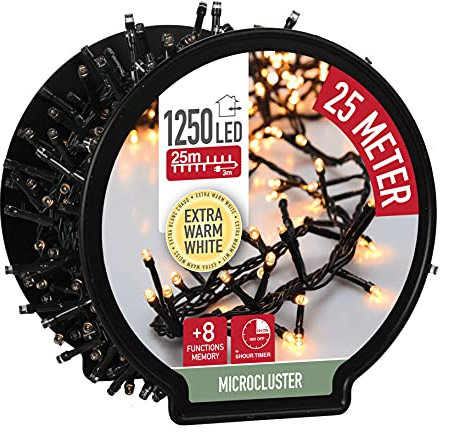 LED Lichterkette auf Trommel - extra warmweiß - Länge 25 m / 1250 LED - Büschel Lichterkette mit Timer und 8 Funktionen - für den Innen- und Außenbereich