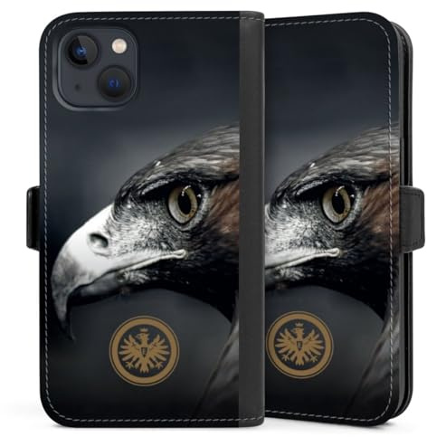 Klapphülle kompatibel mit Apple iPhone 13 Handyhülle aus Kunst Leder schwarz Flip Case Eintracht Frankfurt Offizielles Lizenzprodukt Adler