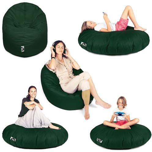 PATCH HOME Sitzsack 2 in 1 Sitzkissen Bodenkissen für Erwachsene & Kinder - Gaming mit Füllung Kissen Sessel BeanBag (Ø 125cm, Dunkelgrün)