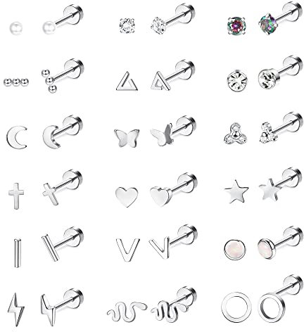 JeryWe 18 Pares Flat Back Stud Pendientes para Mujeres 18G Acero Inoxidable Pequeño Cartílago Studs Pendientes Estrella Lunar CZ Bola Disco Ópalo Helix Tragus Tornillo Piercing Set Plata