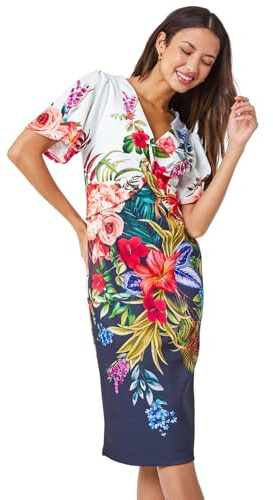 Roman Originals Women Floral Print Twist Front Scuba Dress - Ladies Spring Everyday Summer Holiday Vacation Work Casual Smart Comfy Soft Relaxed - Multi - Size 12