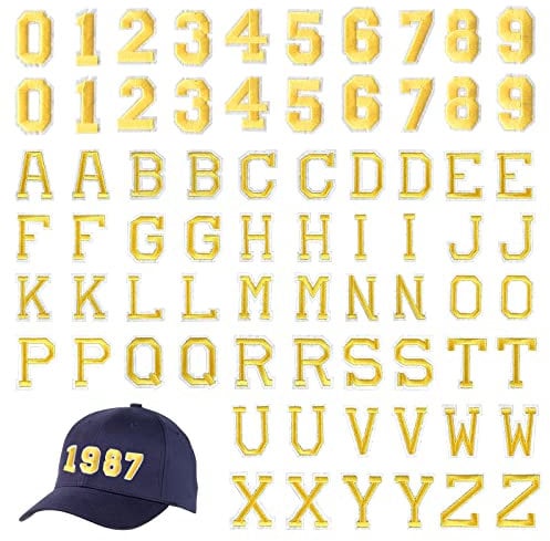 TSHAOUN 72 Stück Patches Zum Aufbügeln Buchstaben Zahlen Flicken Zum Aufbügeln Bügelflicken Aufnäher Buchstaben A-Z Zahlen 0-9 für Kleidung, Hüte, Jeans, Rucksäcke, DIY-Kreationen (Gold)